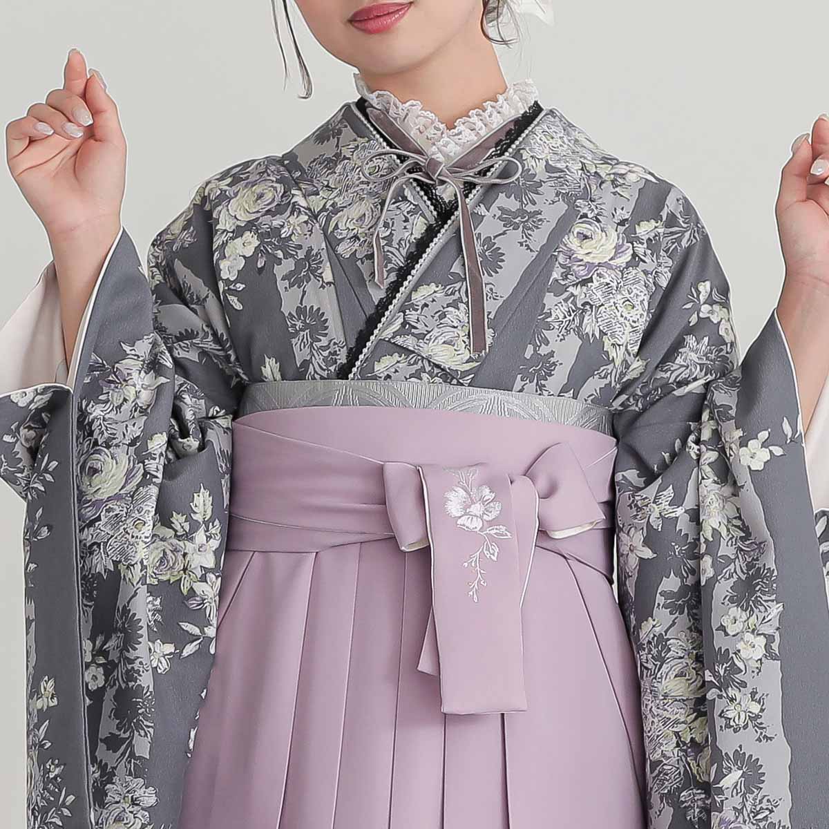 二尺袖袴：Kami ShibaiG976 グレー 薔薇にストライプ│ 袴レンタル