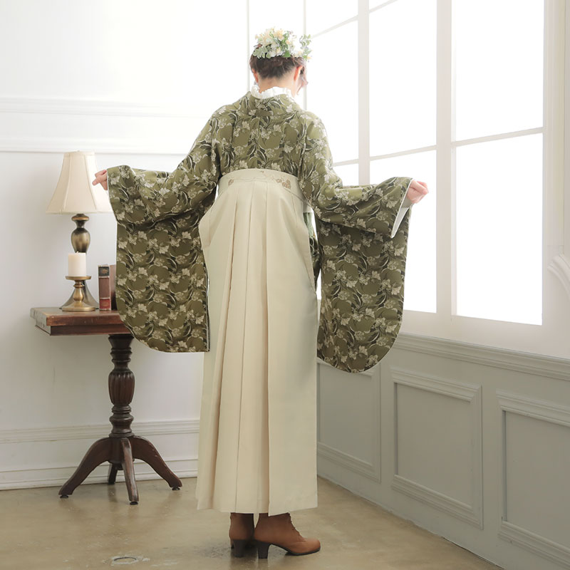 二尺袖袴：G978 カーキグリーン ジャガード織×フラワー│ 袴