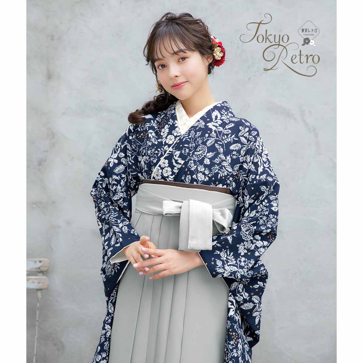 二尺袖袴：東京レトロG998 紺 草花に小鳥│ 袴レンタル │ 京都