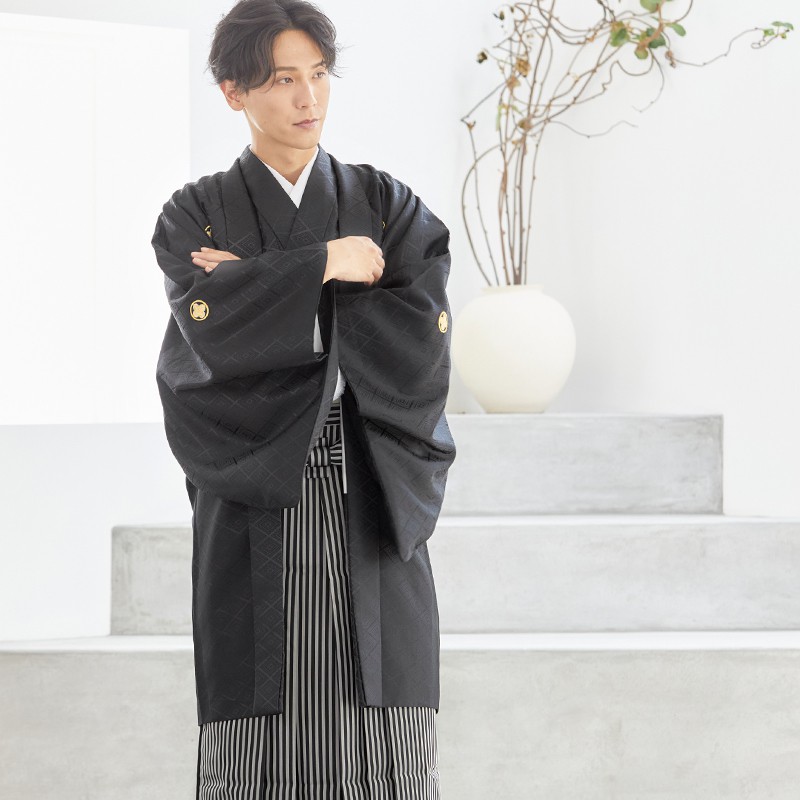 紋付き　着物　花柳流　正絹　絽　黒　未使用 Y001-Y170 黒紋付×縞袴│ 紋付袴レンタル │ 京都着物レンタル夢館