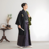 Y025-Y165 黒×抹茶 唐獅子牡丹×柄袴│ 紋付袴レンタル │ 京都着物