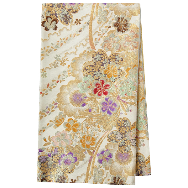 帯単品：B1456 ｜ 振袖用帯 白金 組紐に桜│ 帯単品レンタル │ 京都