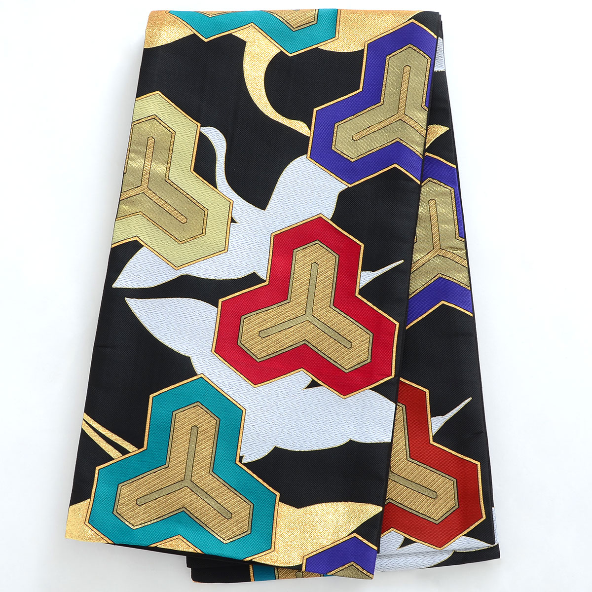 帯単品 B1863 振袖用帯 黒 鶴に毘沙門亀甲 帯単品レンタル 京都着物レンタル夢館