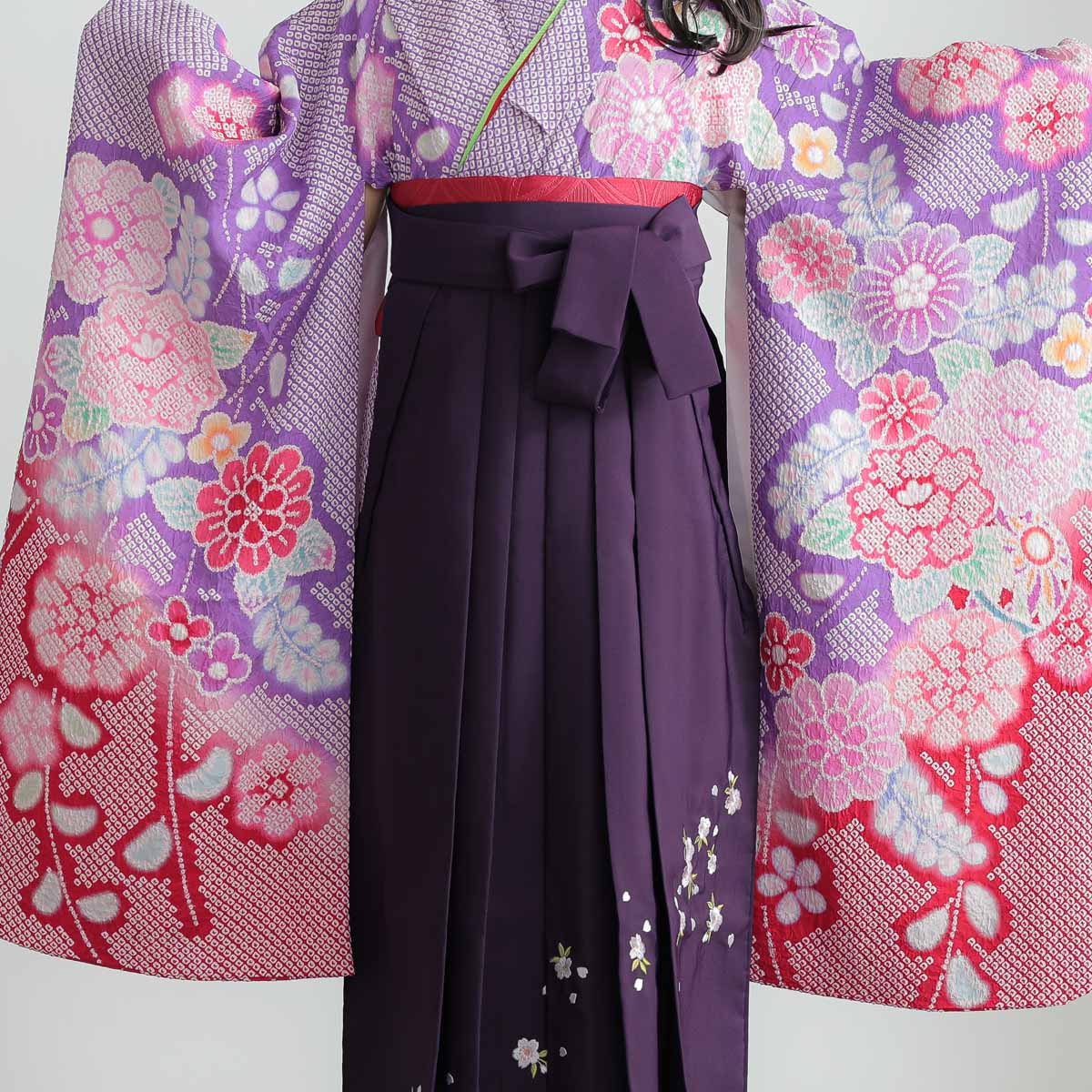四つ身＋袴レンタル：N127 【正絹】紫 総絞り花々│ 袴レンタル