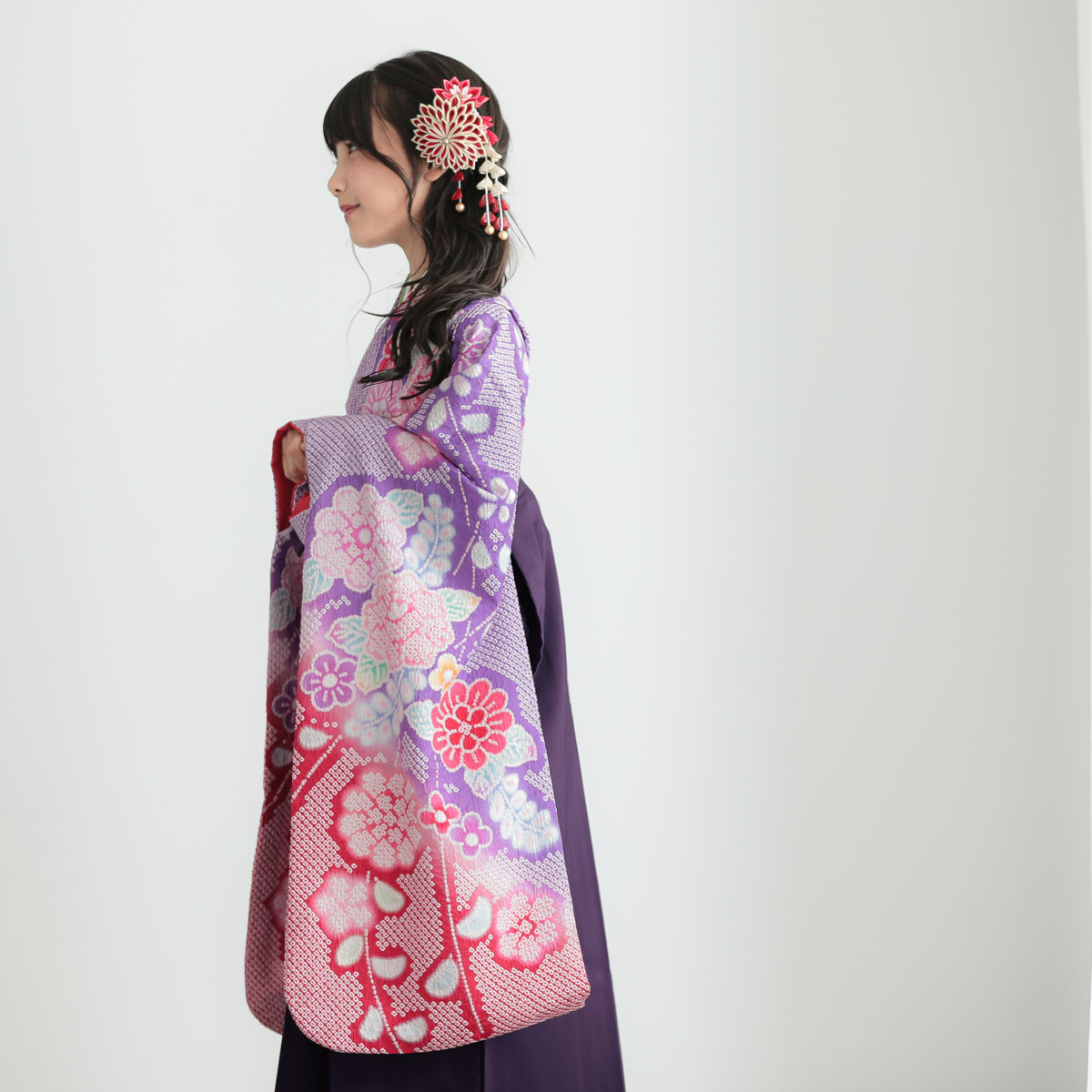 四つ身＋袴レンタル：N127 【正絹】紫 総絞り花々│ 袴レンタル