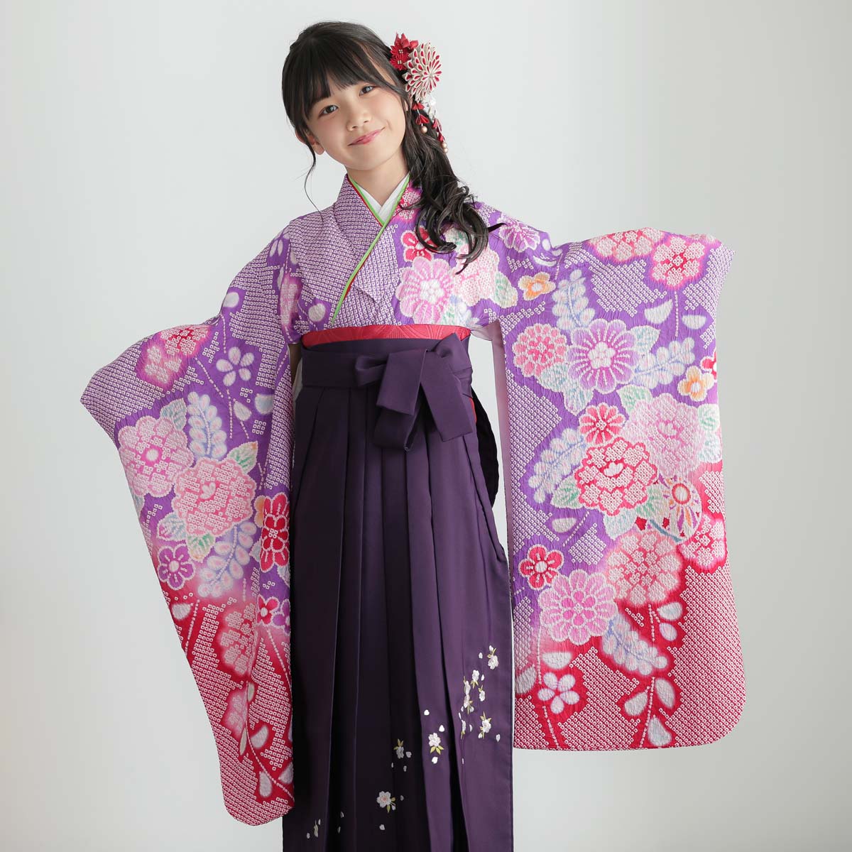 四つ身＋袴レンタル：N127 【正絹】紫 総絞り花々│ 袴レンタル