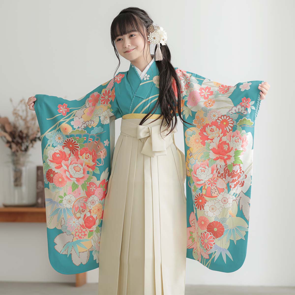 四つ身＋袴レンタル：N141 浅葱色 花の扇面に手毬│ 袴レンタル
