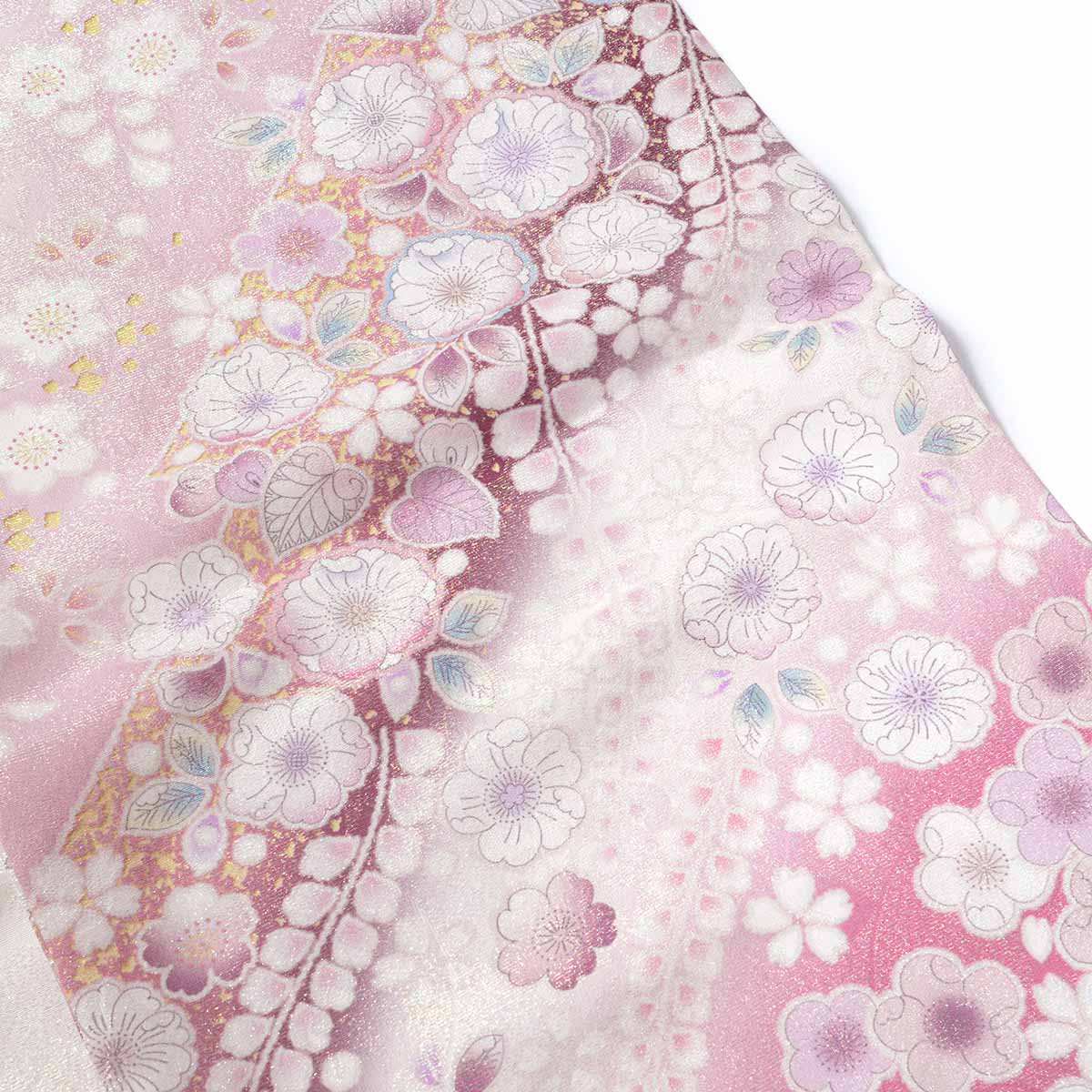 四つ身＋袴レンタル：N227 【正絹】白×淡ピンク 金通し辻が花│ 袴