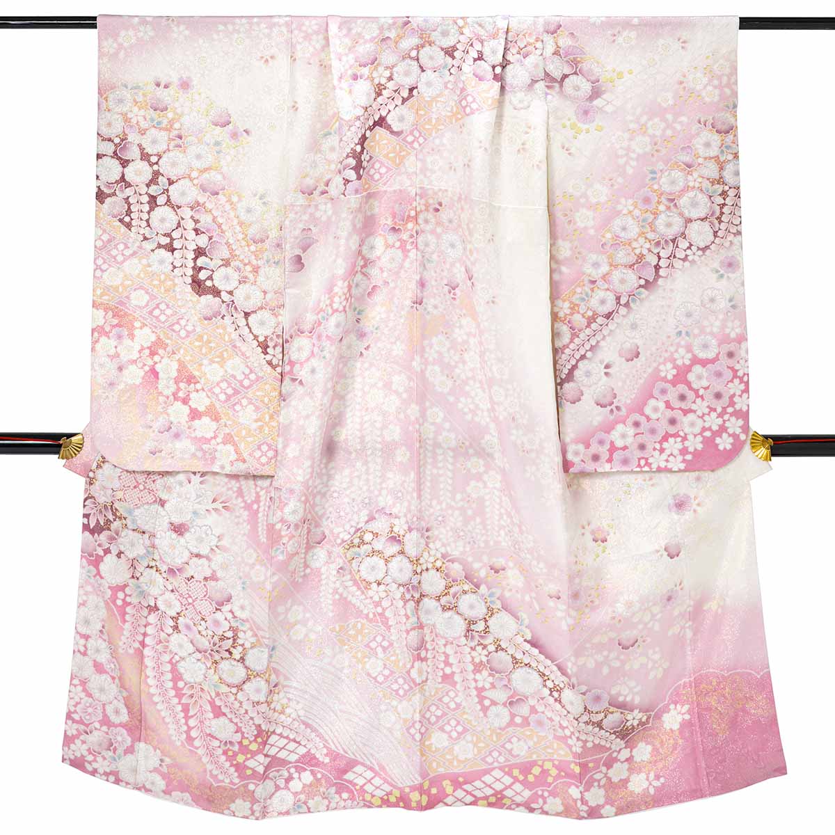 花柄 袴スタイル 着物 ホワイト・ピンク 四つ身＋袴レンタル：N227 【正絹】白×淡ピンク 金通し辻が花│ 袴