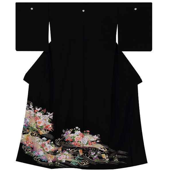 史上最も激安 流水に四季花| 彩色ぼかし 黒留袖：T185 黒留袖レンタル 京都 │ 着物・浴衣