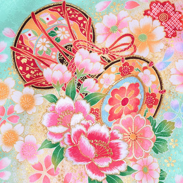 【着物美品】お宮参り　産着　祝着　ピンク×ミントグリーン　花蝶　女の子　襦袢付き 産着女児：SG008 ミントグリーン 花鼓│ 産着レンタル │ 京都