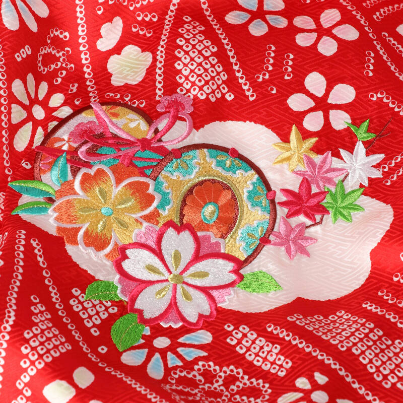 産着女児：SG016 赤 刺繍束ね熨斗に鼓│ 産着レンタル │ 京都着物