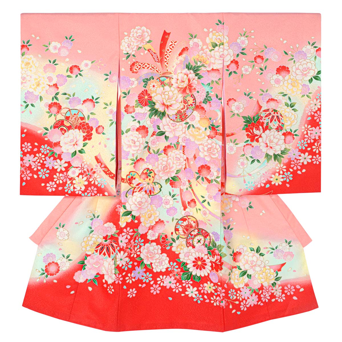 産着女児：SG073 珊瑚×赤 熨斗に花鼓│ 産着レンタル │ 京都着物