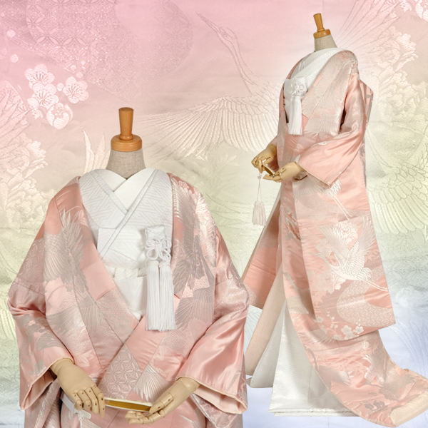 まとめ買い】 白地打ち掛けピンク色梅、鶴、松中古品物 日本舞踊 