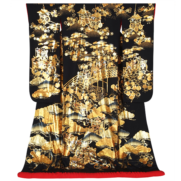 白無垢・色打掛:U011 黒 松に太鼓橋御所車| 婚礼衣装レンタル | 京都