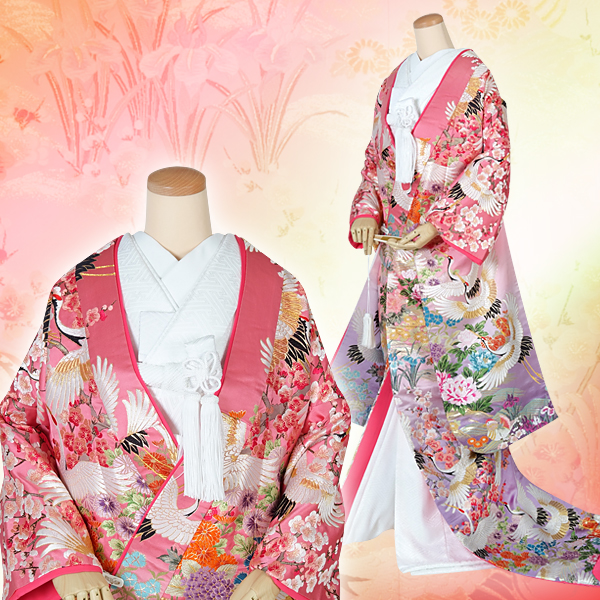 白無垢・色打掛:U014 ピンク紫 飛鶴草花| 婚礼衣装レンタル | 京都着物
