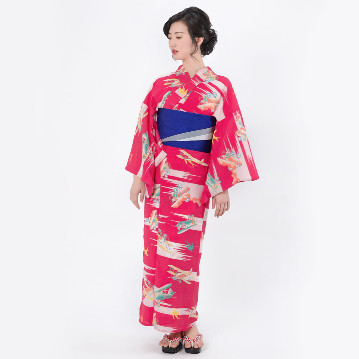 Rocky Monroe 浴衣 しじら織り/平織り帯付き浴衣 扇子 下駄 4点