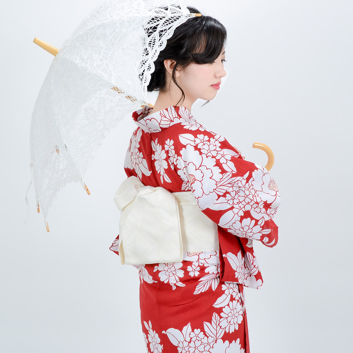 浴衣: YK019 hiromichi nakano 臙脂 牡丹に桜草 | 京都着物