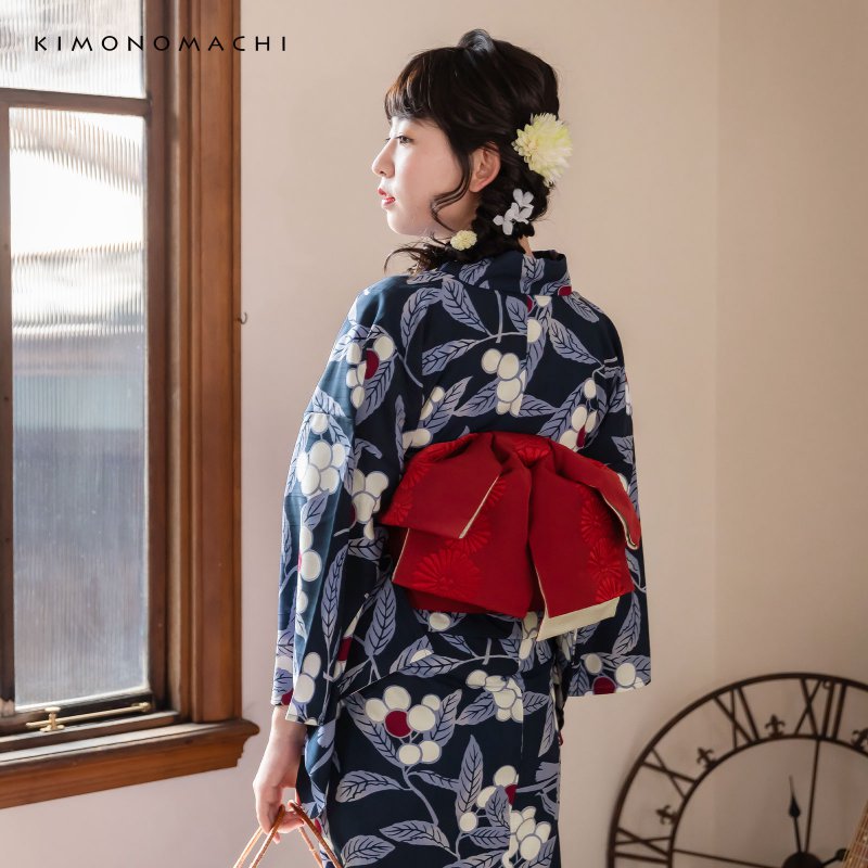 浴衣:  きもの町 紺 鳥と木の実   京都着物レンタル夢館