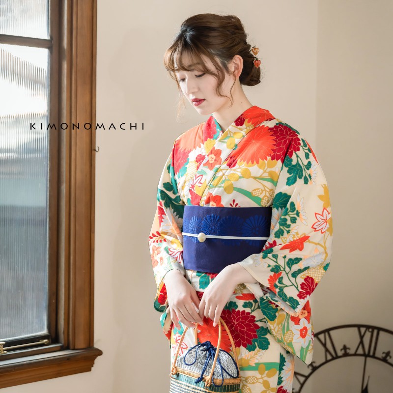 emi] 名古屋帯 洗える お太鼓柄 秋草 萩 楓 クリーム色 夏着物