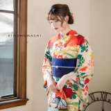 emi] 名古屋帯 洗える お太鼓柄 秋草 萩 楓 クリーム色 夏着物 emi