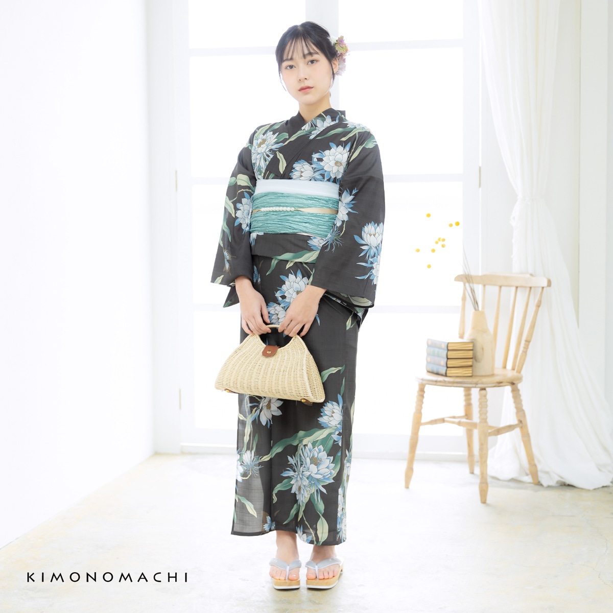 浴衣: YK103 きもの町 オリーブグレー 月下美人 | 京都着物レンタル夢館