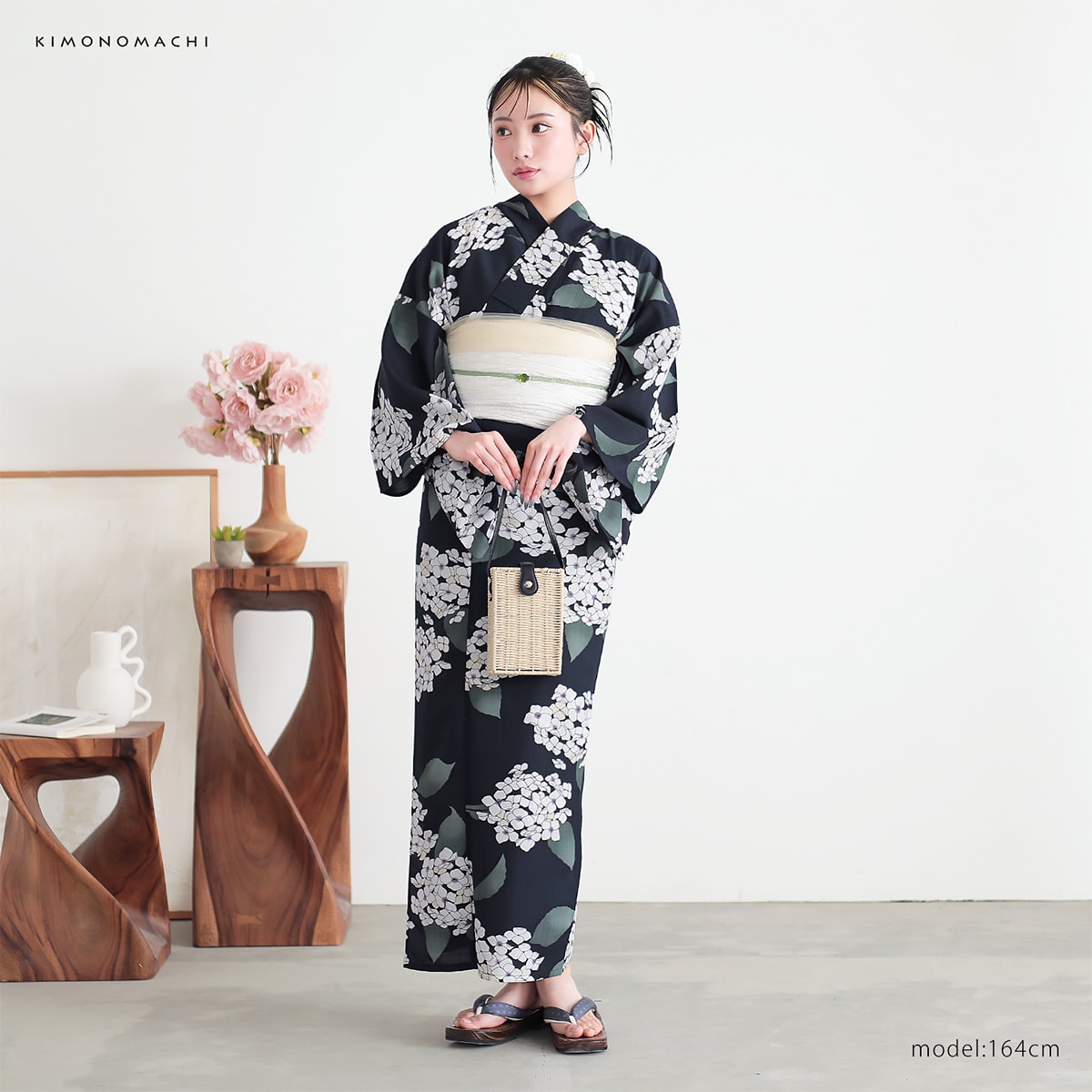着物・浴衣 111 浴衣: YK111 きもの町 ディープネイビー 紫陽花 | 京都着物レンタル夢館