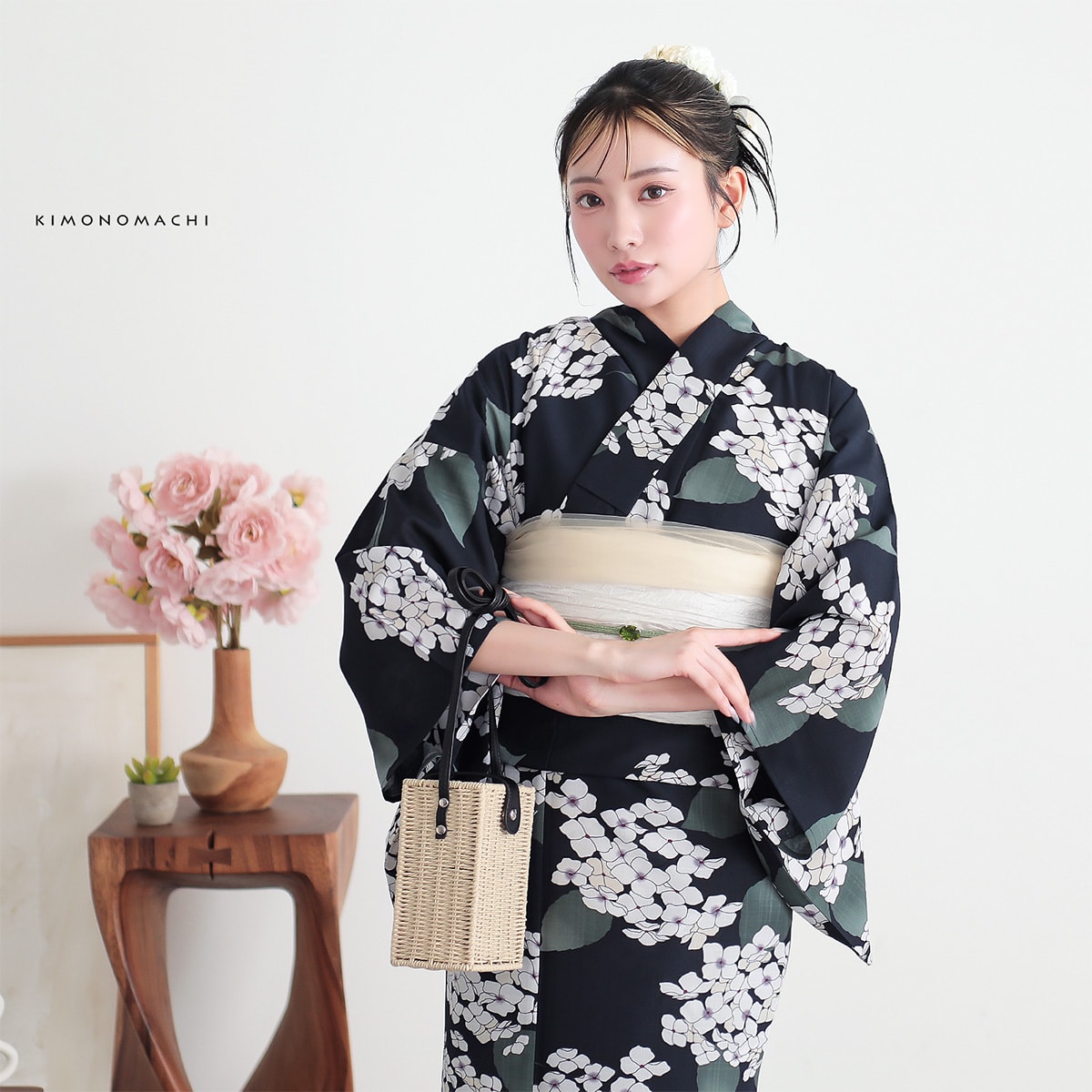 浴衣: YK111 きもの町 ディープネイビー 紫陽花 | 京都着物レンタル夢館