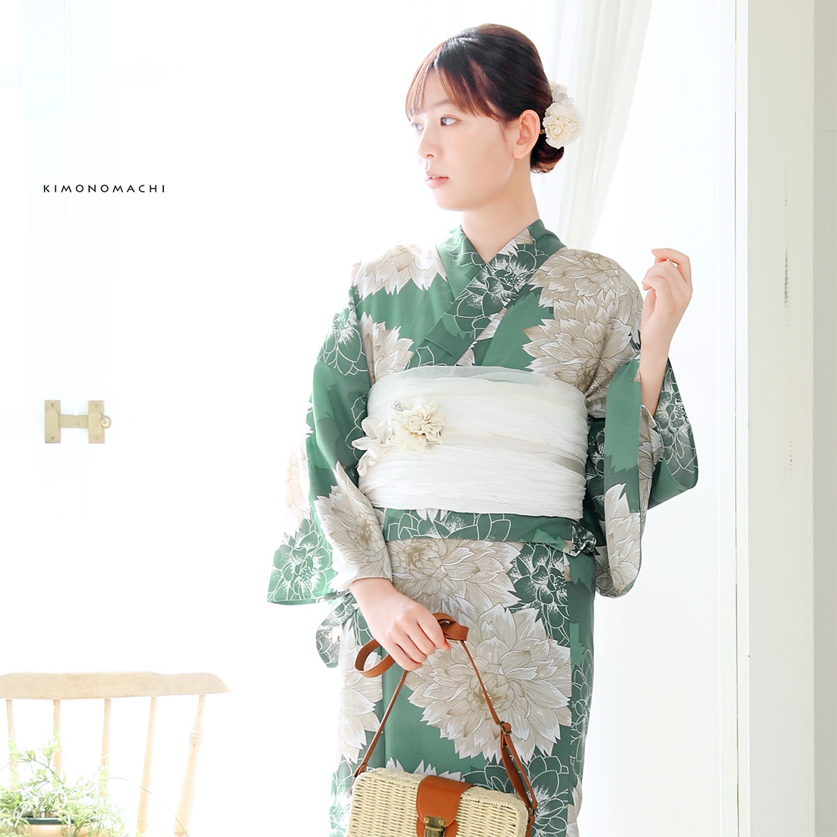 浴衣: YK113 きもの町 コバルトグリーン ダリア | 京都着物レンタル夢館