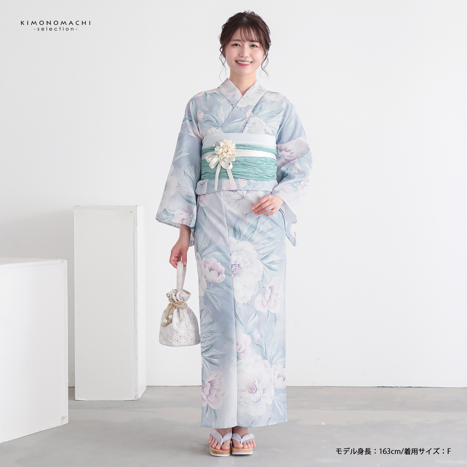 浴衣: YK116 ラベンダーグレー 松葉牡丹 | 京都着物レンタル夢館