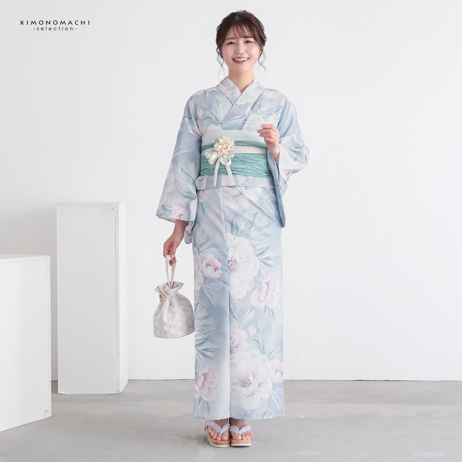 浴衣: YK116 ラベンダーグレー 松葉牡丹 | 京都着物レンタル夢館