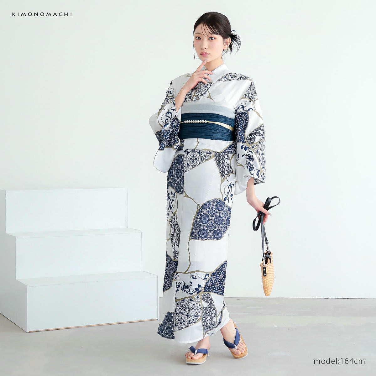 浴衣: YK127 きもの町 白×藍色 金継ぎ | 京都着物レンタル夢館