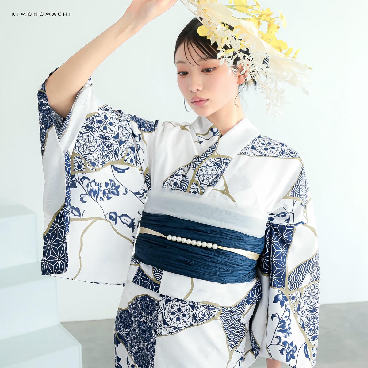 浴衣: YK127 きもの町 白×藍色 金継ぎ | 京都着物レンタル夢館