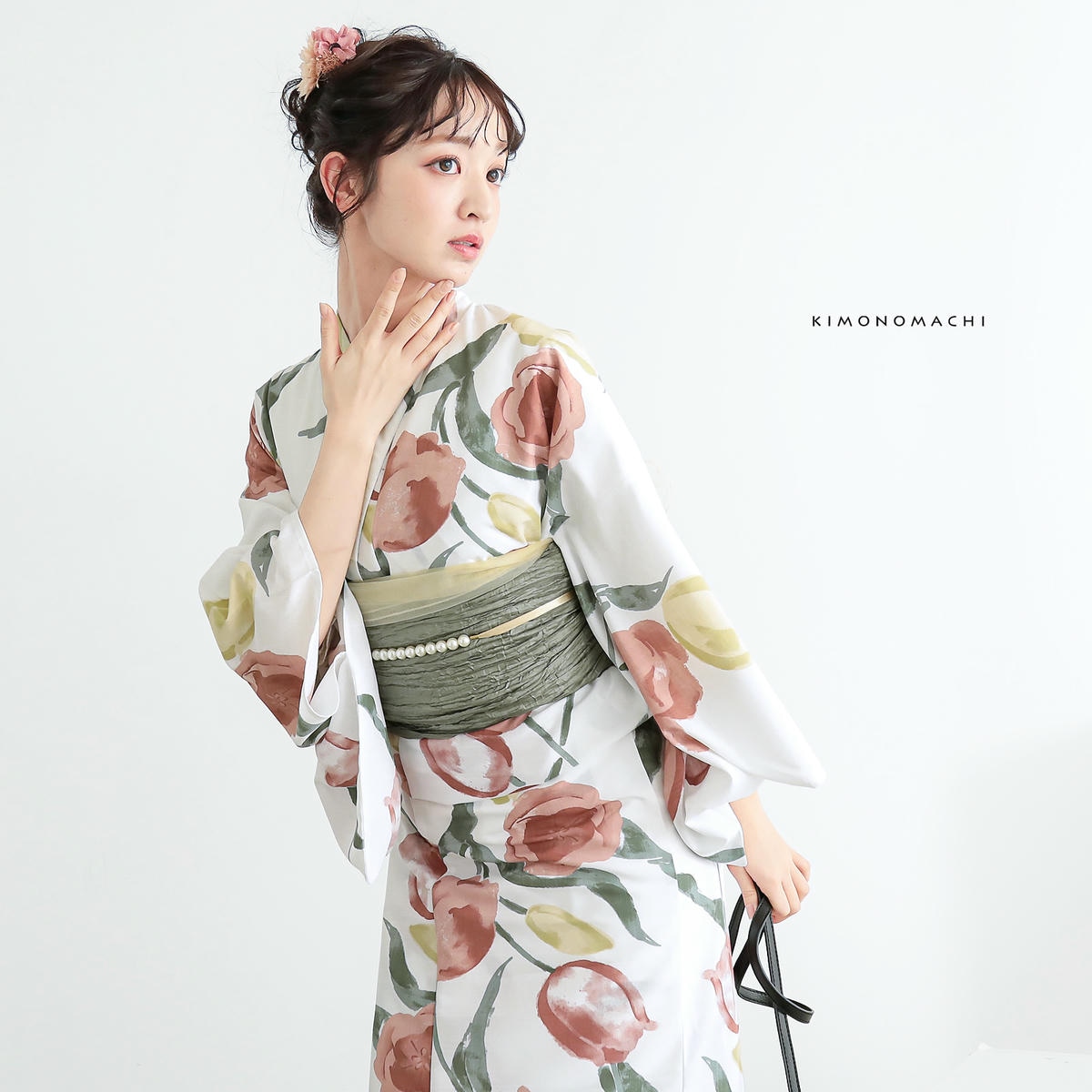 浴衣: YK129 きもの町 白×薄紅色 チューリップ | 京都着物レンタル夢館